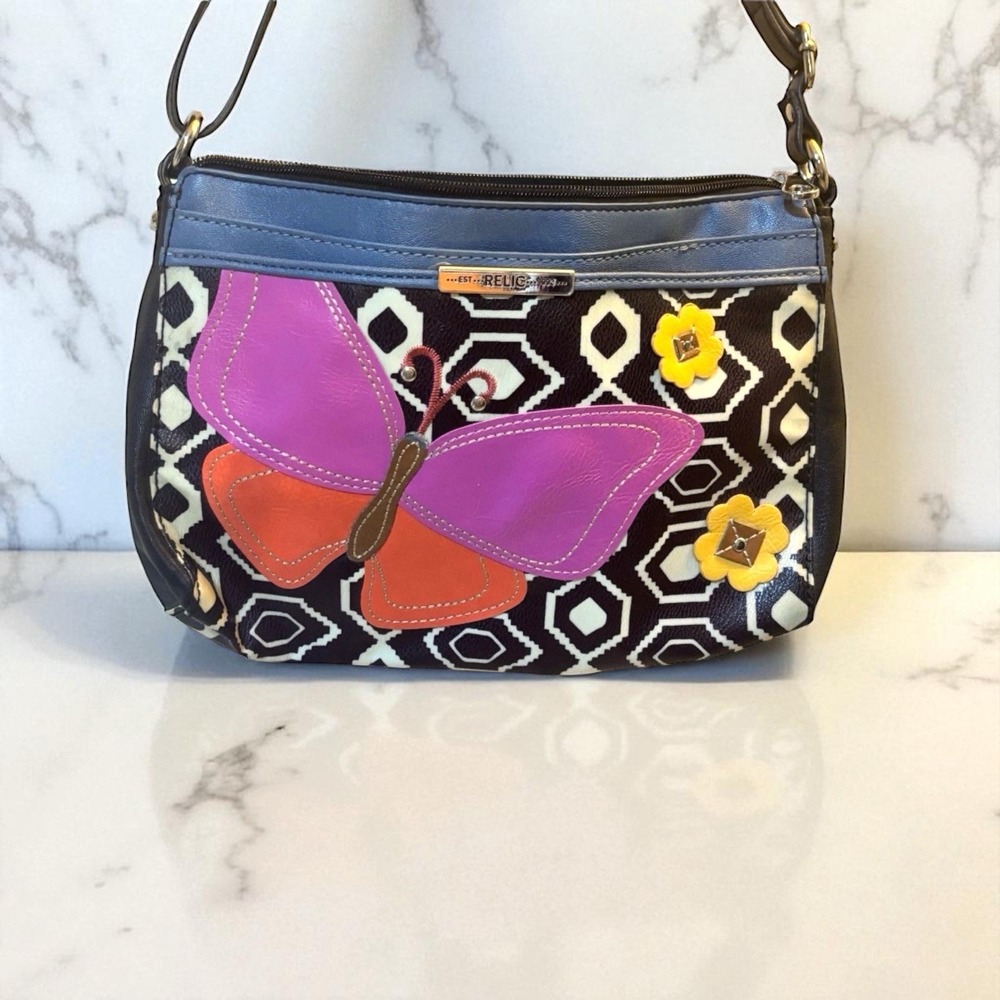 Relic Leather Crossbody Purse Bag Butterfly Floral Geometric Pattern Zip Pockets